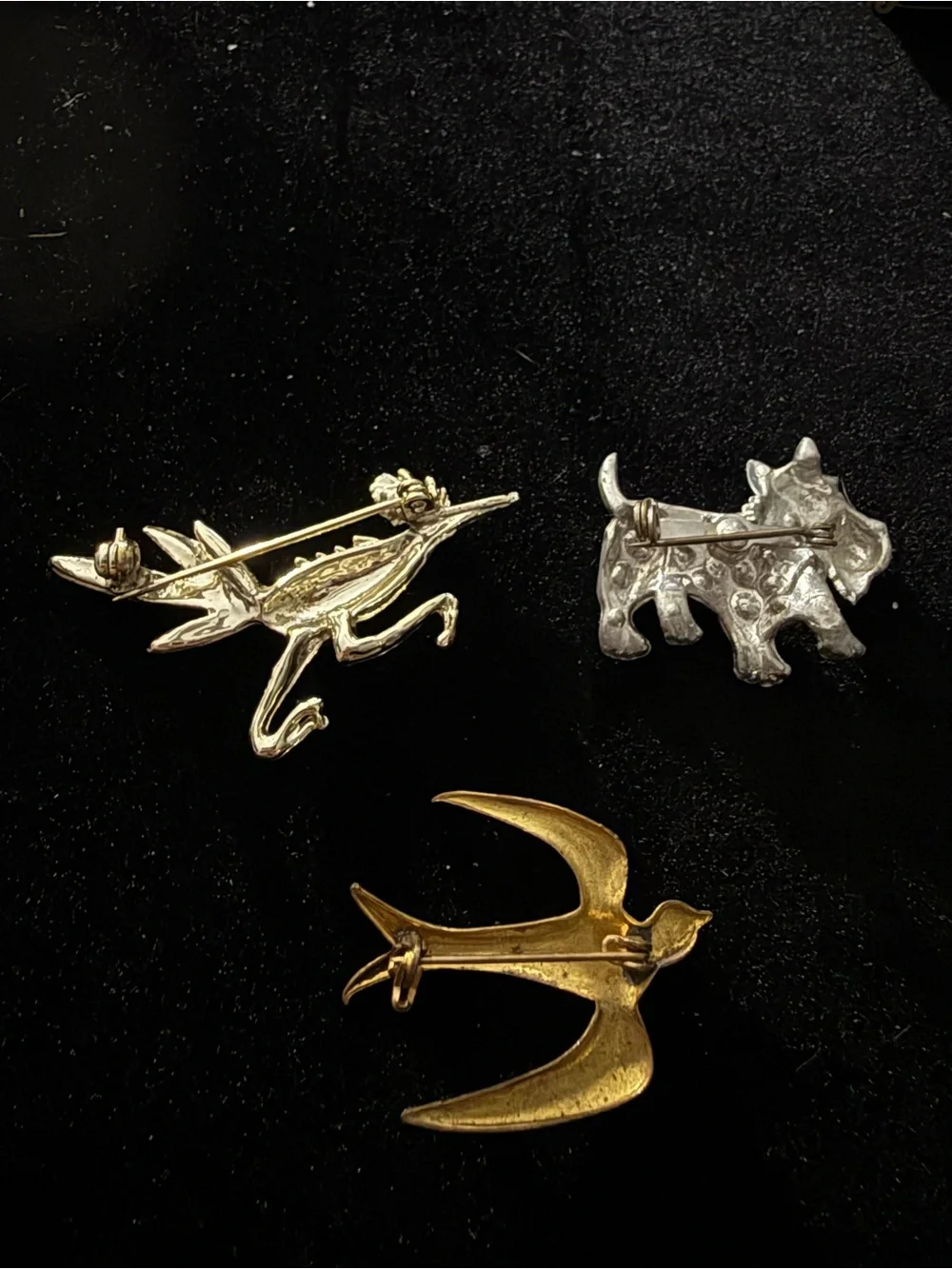 Vintage Animal Brooch Pin Lot Dog Bird Roadrunner Rhinestone Gold Silver Tone